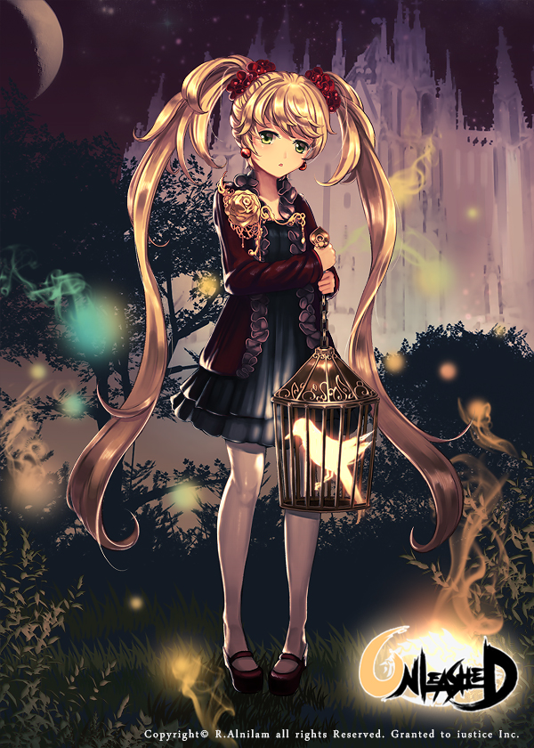 1girl, alnilam, bird, birdcage, blonde_hair, cage, castle, earrings