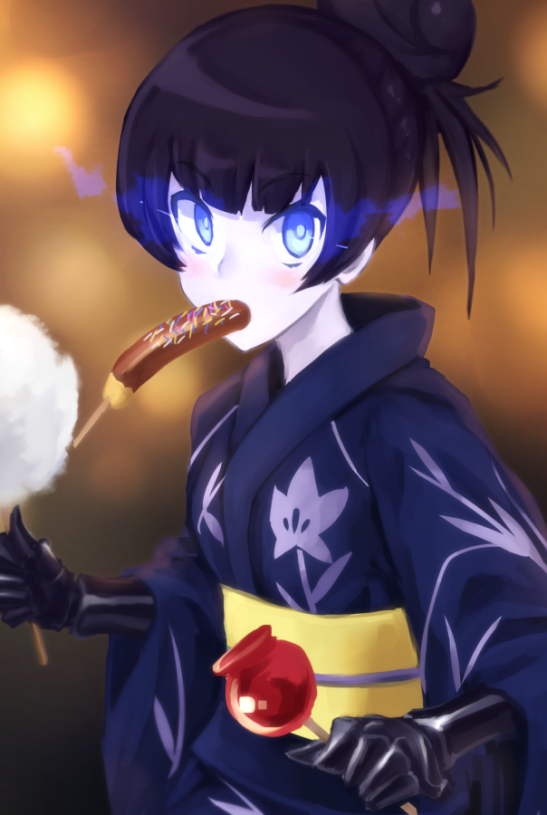 1girl, alternate_costume, alternate_hairstyle, apple, banana, banana_popsicle, black_hair, blue_eyes
