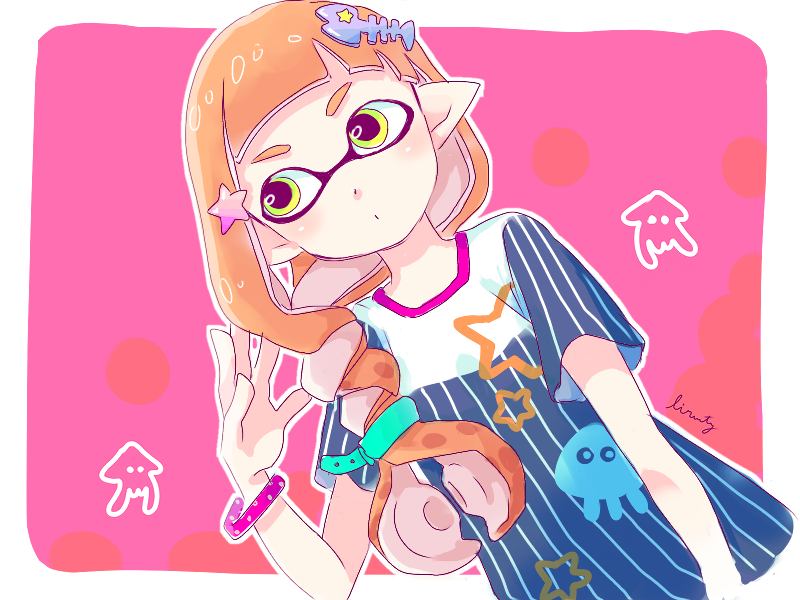 1girl, alternate_costume, alternate_hairstyle, artist_name, bracelet, braid, domino_mask, dutch_angle, fish, green_eyes, hair_ornament, hair_over_shoulder, inkling, jewelry, liruty, long_hair, looking_to_the_side, mask, orange_hair, shirt, signature, single_braid, sketch, solo, splatoon, squid, standing, star
