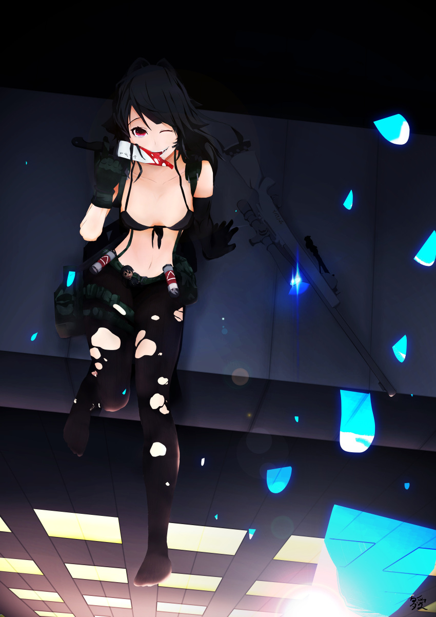 1girl, absurdres, belt_pouch, black_gloves, black_hair, bloody_knife, breasts, cleavage, cosplay, explosive, front-tie_bikini, front-tie_top, gloves, grenade, gun, highres, licking_weapon, long_hair, metal_gear_(series), metal_gear_solid_v, midriff, mismatched_gloves, navel, no_shoes, pantyhose, ponytail, quiet_(metal_gear), quiet_(metal_gear)_(cosplay), red_eyes, reverse_grip, rifle, rooftop, scope, senpai_(yandere_simulator), sitting, sniper_rifle, solo, thigh_pouch, torn_clothes, torn_pantyhose, voodoo_doll, weapon, yandere, yandere-chan, yandere_simulator, zenki97