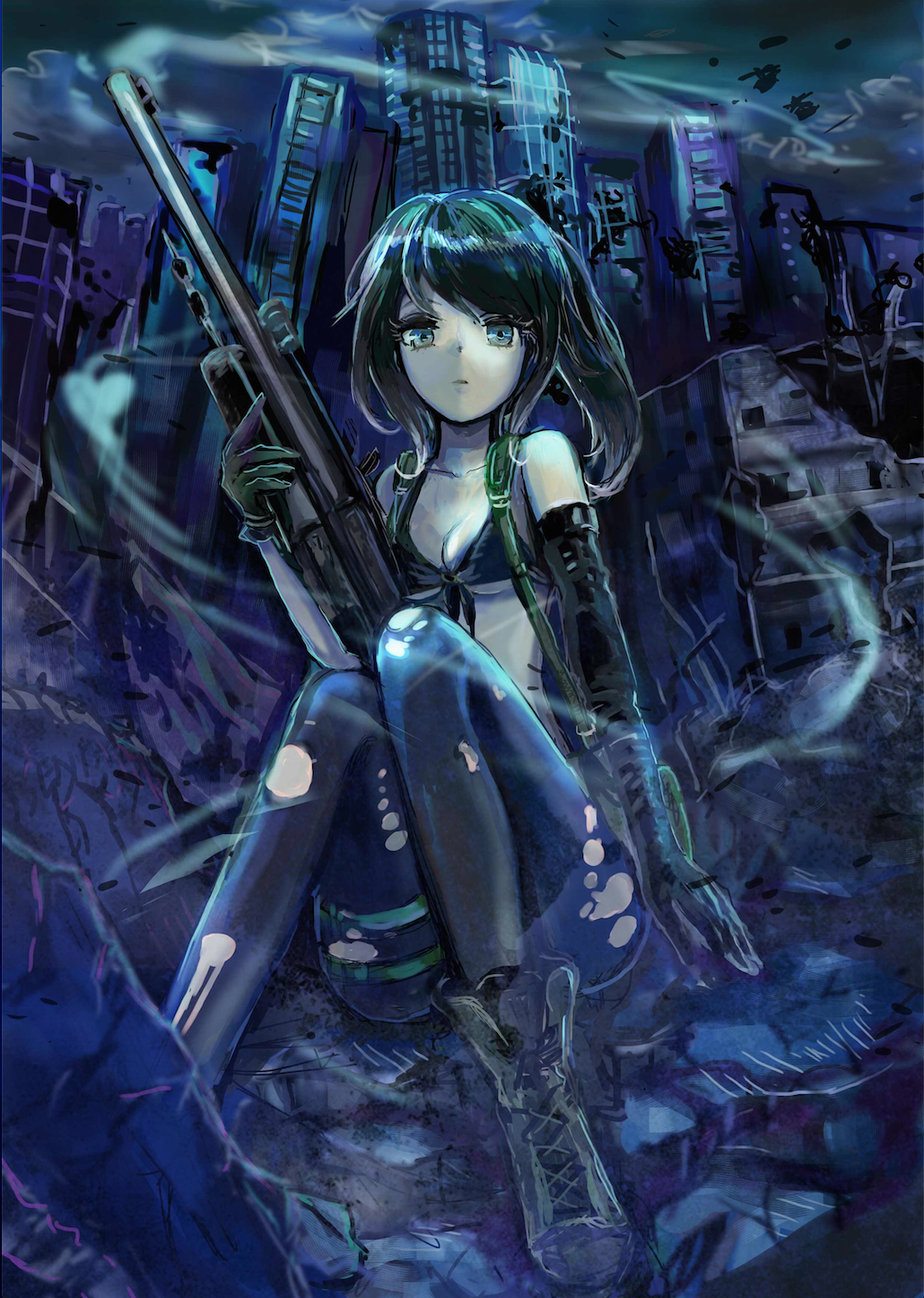 1girl, black_gloves, black_hair, blue_eyes, boots, breasts, combat_boots, cosplay