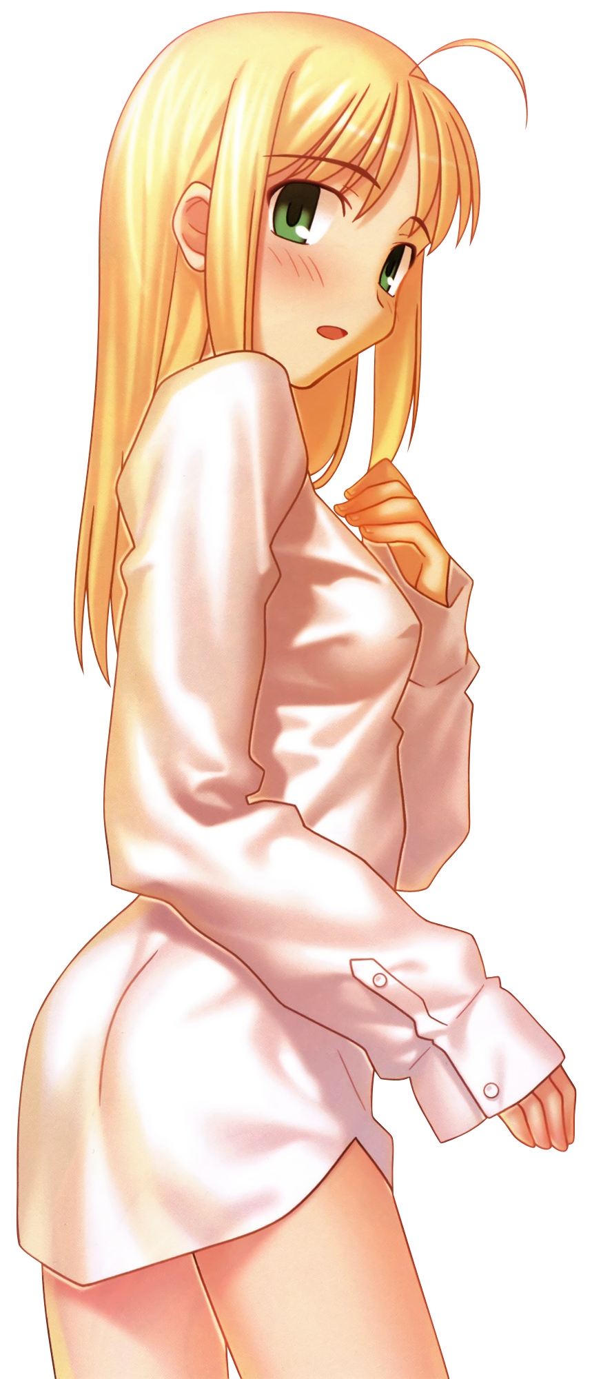1girl, ahoge, blonde_hair, dress_shirt, embarrassed, fate/stay_night, fate_(series), green_eyes