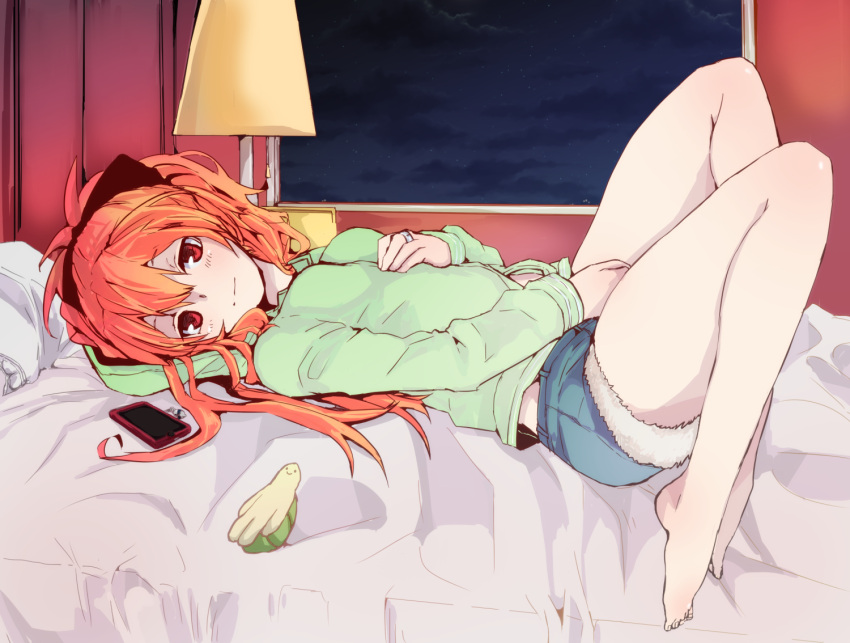 1girl, 532, bad_feet, bare_legs, barefoot, bed, blush, cellphone, denim, denim_shorts, hair_ribbon, hoodie, jacket, jewelry, lamp, long_hair, looking_at_viewer, lying, mahou_shoujo_madoka_magica, night, night_sky, phone, pillow, ponytail, red_eyes, redhead, ribbon, ring, sakura_kyouko, shorts, sky, small_breasts, smartphone, solo, stuffed_turtle, window