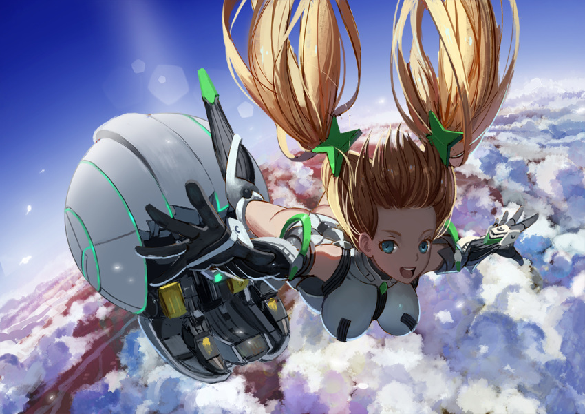 1girl, :d, angela_balzac, ass, bare_shoulders, blonde_hair, blue_eyes, blue_sky