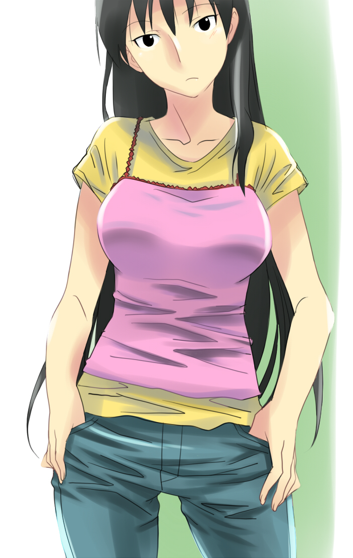 azumanga_daioh, azumanga_daiou_hoshuu-hen, black_eyes, black_hair, breasts, casual, hands_in_pockets, jeans, large_breasts, long_hair, mas, sakaki, t-shirt