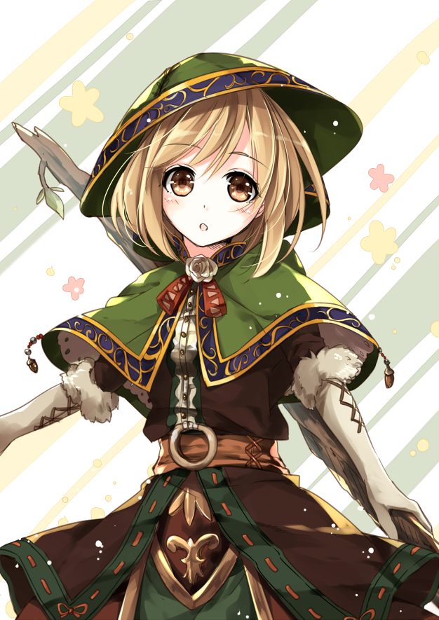 1girl, :o, belt, blush, brown_eyes, capelet, dress, elbow_gloves, flower, fur_trim, gita_(granblue_fantasy), gloves, granblue_fantasy, hermit_(granblue_fantasy), hood, marimo_moka, open_mouth, rose, short_hair, solo, striped, striped_background, white_gloves, white_rose