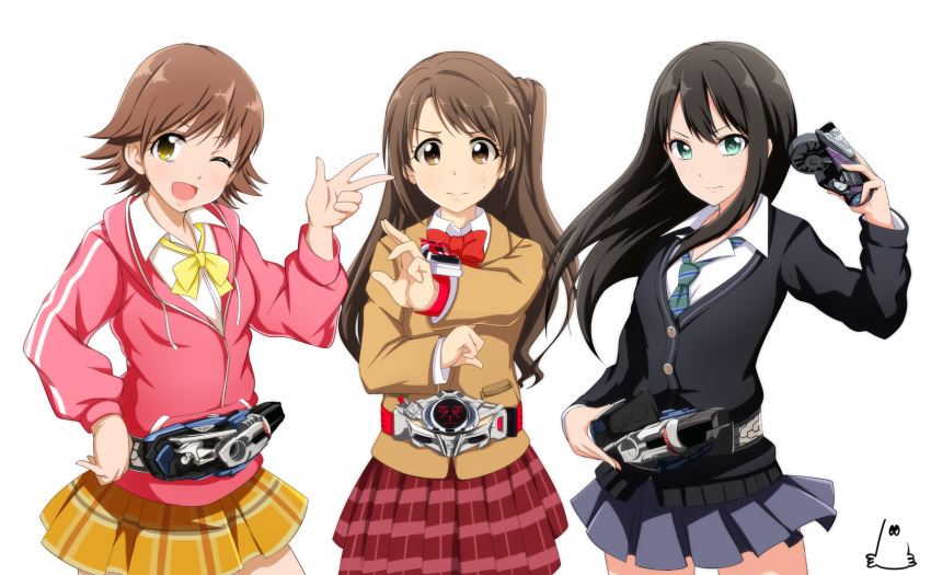 3girls, belt, belt-san, brown_eyes, brown_hair, drive_driver, female, henshin_pose