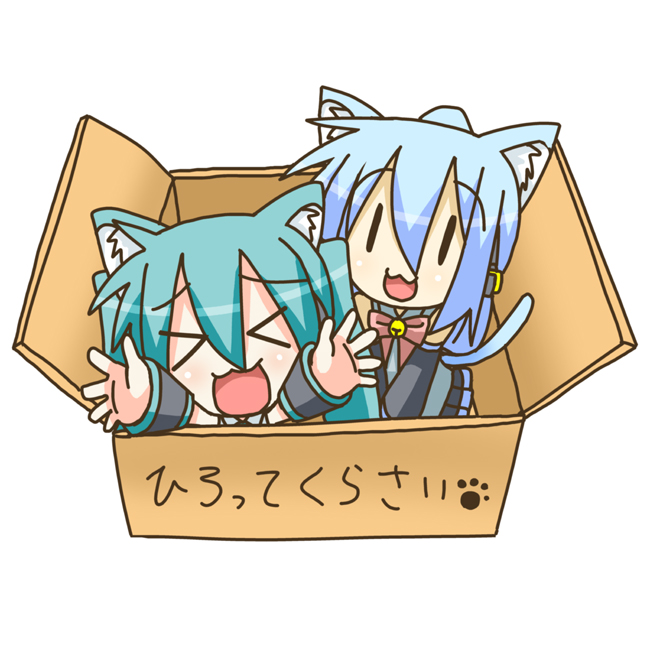 >_<, animal_ears, aqua_hair, blue_hair, box, cardboard_box, cat_ears, chibi