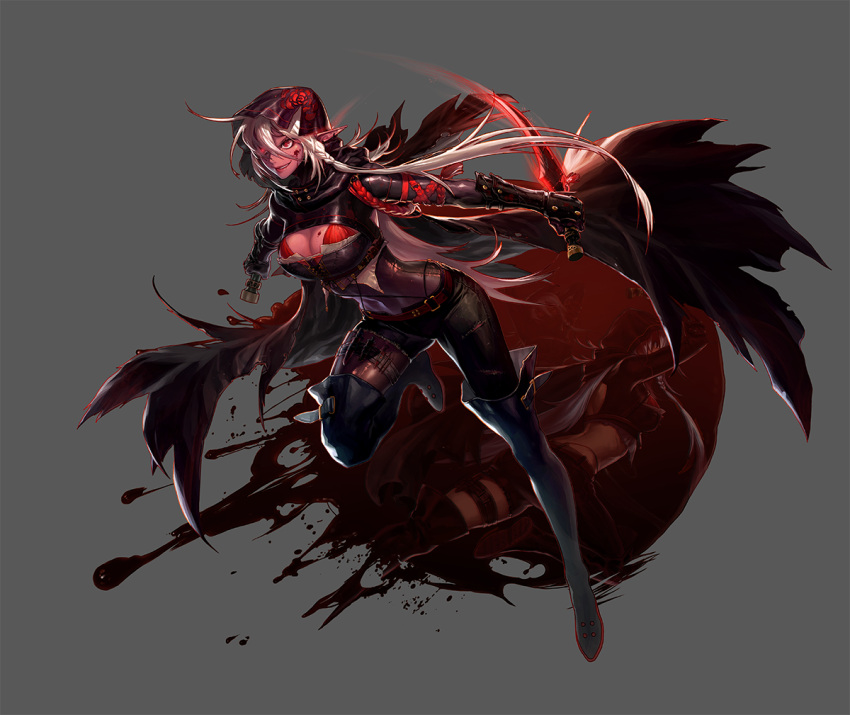 1girl, blood, blood_on_face, boots, breasts, cleavage, dark_skin, dual_wielding