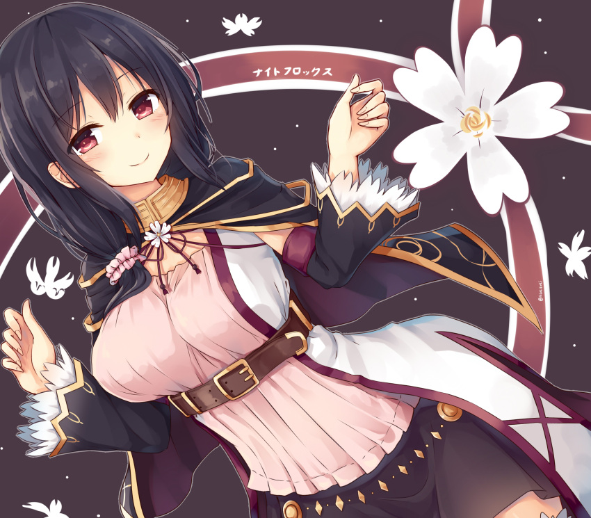 1girl, belt, black_hair, breasts, detached_sleeves, flower, flower_knight_girl, highres, night_phlox_(flower_knight_girl), red_eyes, smile, solo, tsuchikure_(3105mitoko)