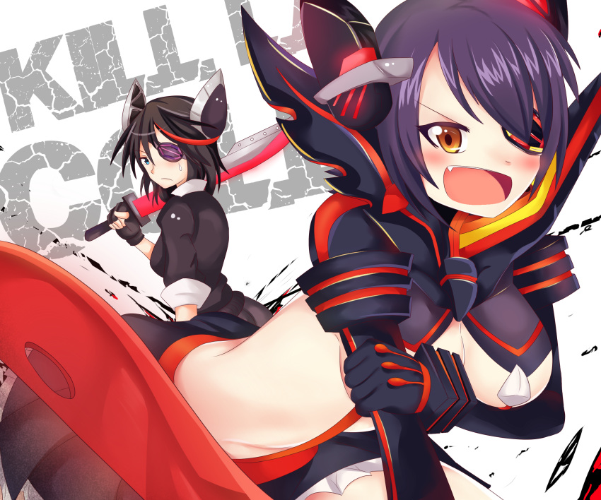 2girls, black_hair, breasts, crossover, eyepatch, fingerless_gloves, gloves, headgear, highres, kantai_collection, kill_la_kill, matoi_ryuuko, matoi_ryuuko_(cosplay), matoi_ryuuko_(senketsu_kamui), multiple_girls, scissor_blade, senketsu, senketsu-kamui_(cosplay), short_hair, skirt, sword, tenryuu_(kantai_collection), tenryuu_(kantai_collection)_(cosplay), under_boob, wangphing, weapon