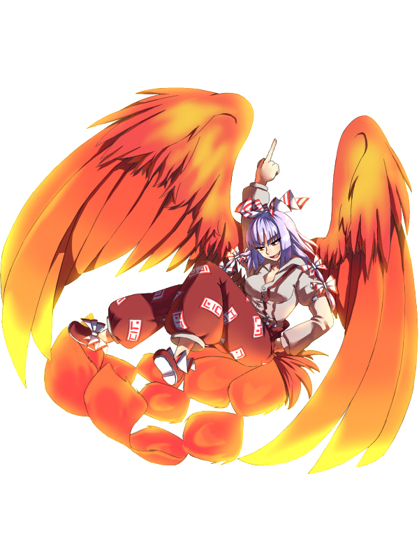 bow, fiery_wings, fujiwara_no_mokou, hair_bow, hair_ribbon, mizu_mochi, panties, red_eyes, ribbon, short_hair, silver_hair, suspenders, tail, touhou, underwear, wings