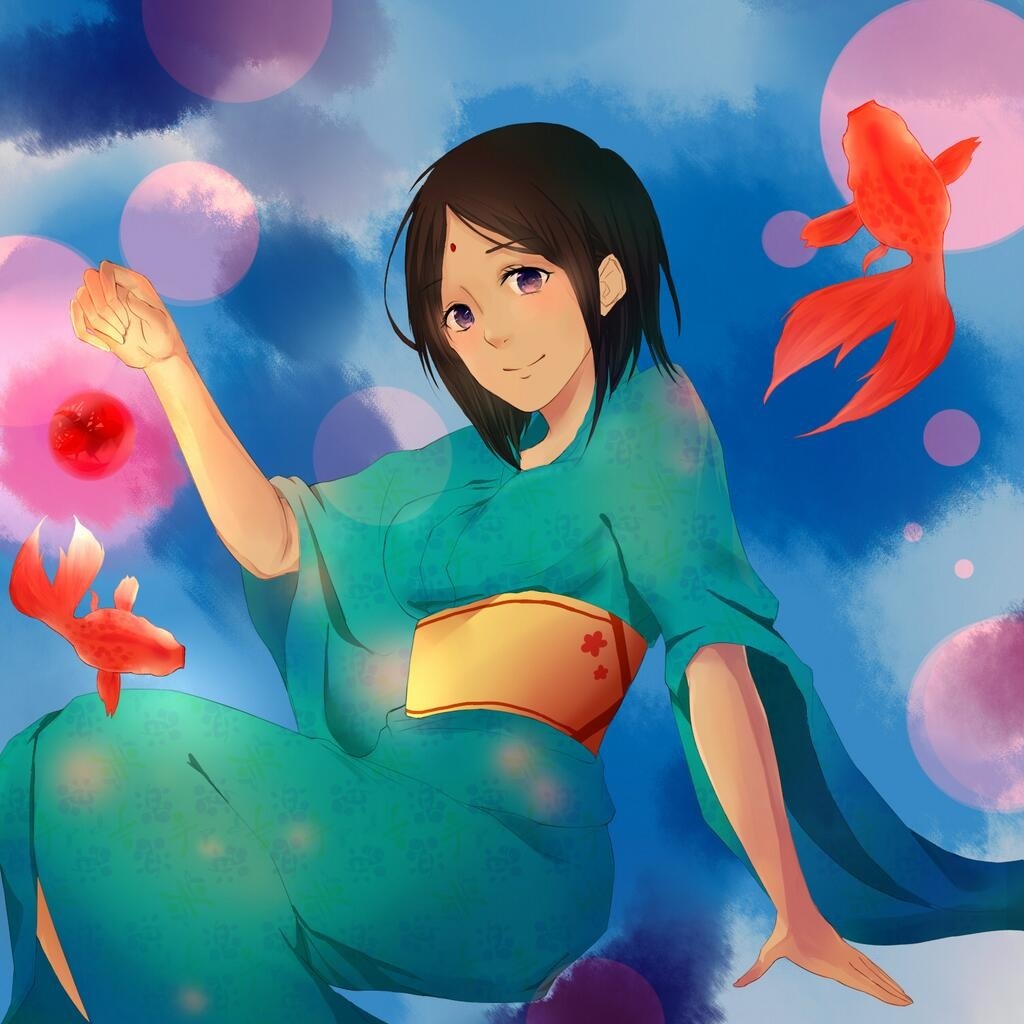 1girl, black_hair, blush, dark_skin, facial_mark, fish, japanese_clothes, kimono