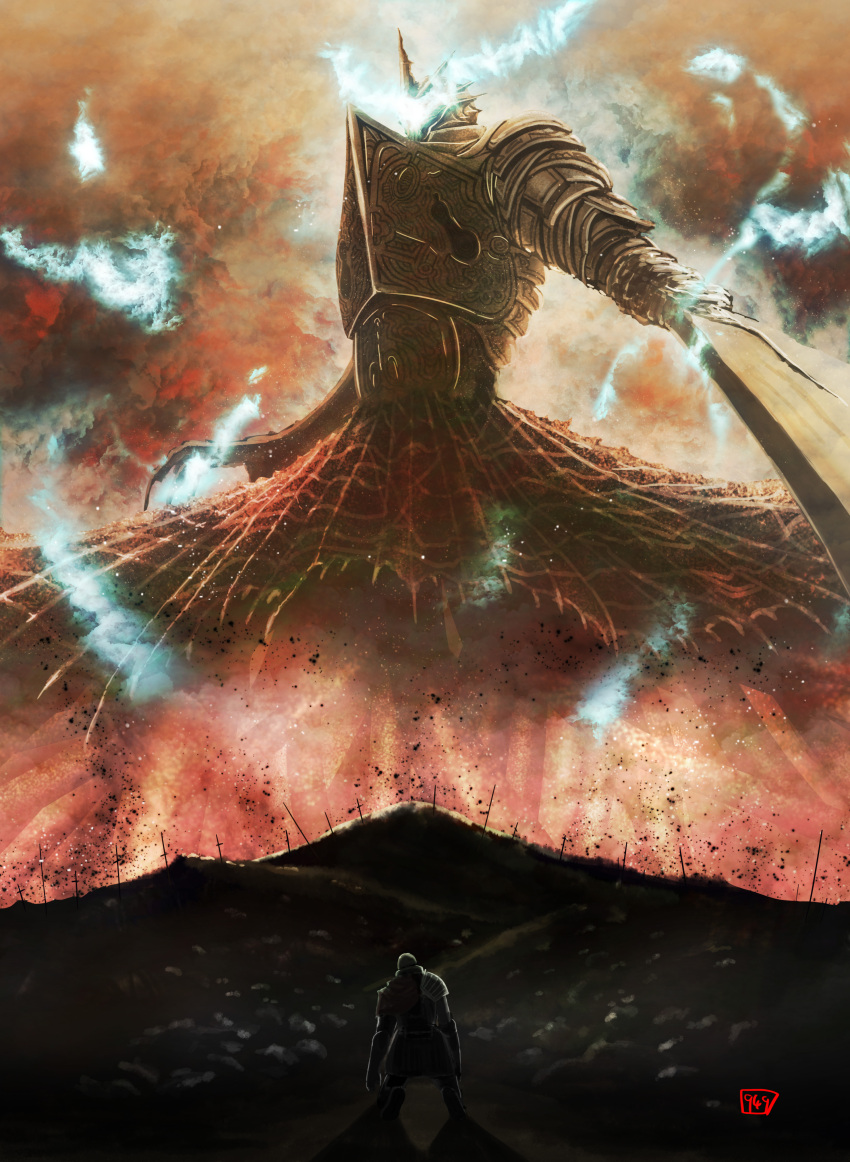 949_(king949), absurdres, armor, chosen_undead, clouds, dark_souls, despair, fantasy