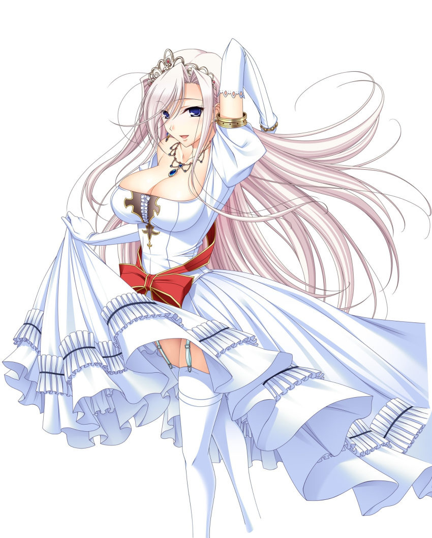 1girl, blue_eyes, breasts, charlotte_hazellink, cleavage, dress, dress_lift, earrings, elbow_gloves, female, garter_belt, gloves, highres, jewelry, komori_kei, large_breasts, long_hair, necklace, pink_hair, princess_lover, simple_background, solo, thigh-highs, thighhighs, tiara, white_legwear, white_thighhighs