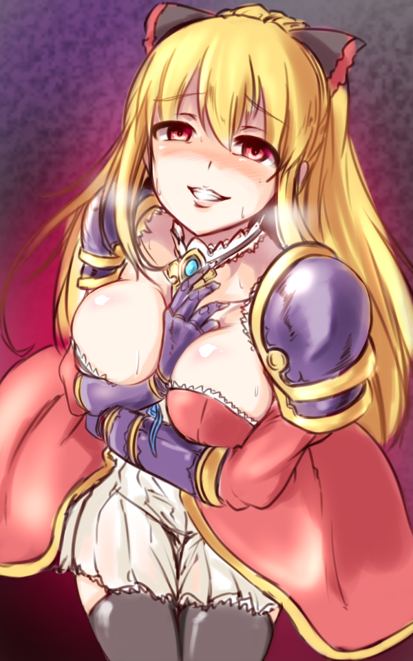 1girl, bangs, between_breasts, black_bow, black_legwear, blush, bow, buchi_(madara), dress, gauntlets, granblue_fantasy, grin, hair_between_eyes, hair_bow, heavy_breathing, long_hair, looking_up, nose_blush, ponytail, shiny, shiny_skin, shoulder_pads, smile, solo, sweat, thigh-highs, vila, zettai_ryouiki