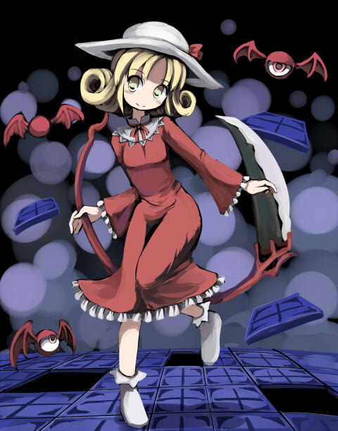 bat_wings, blonde_hair, elly, eyes, gatau, hat, scythe, solo, touhou, touhou_(pc-98), wings, yellow_eyes