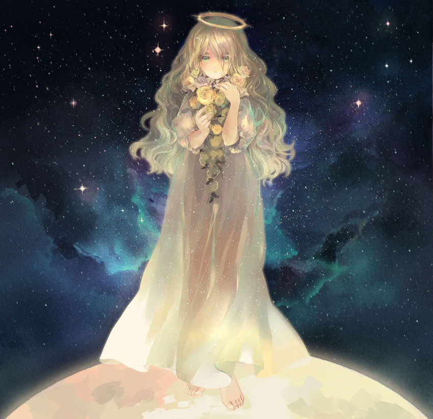 1girl, aki_(wishtakeme), barefoot, flower, green_eyes, halo, highres, long_hair