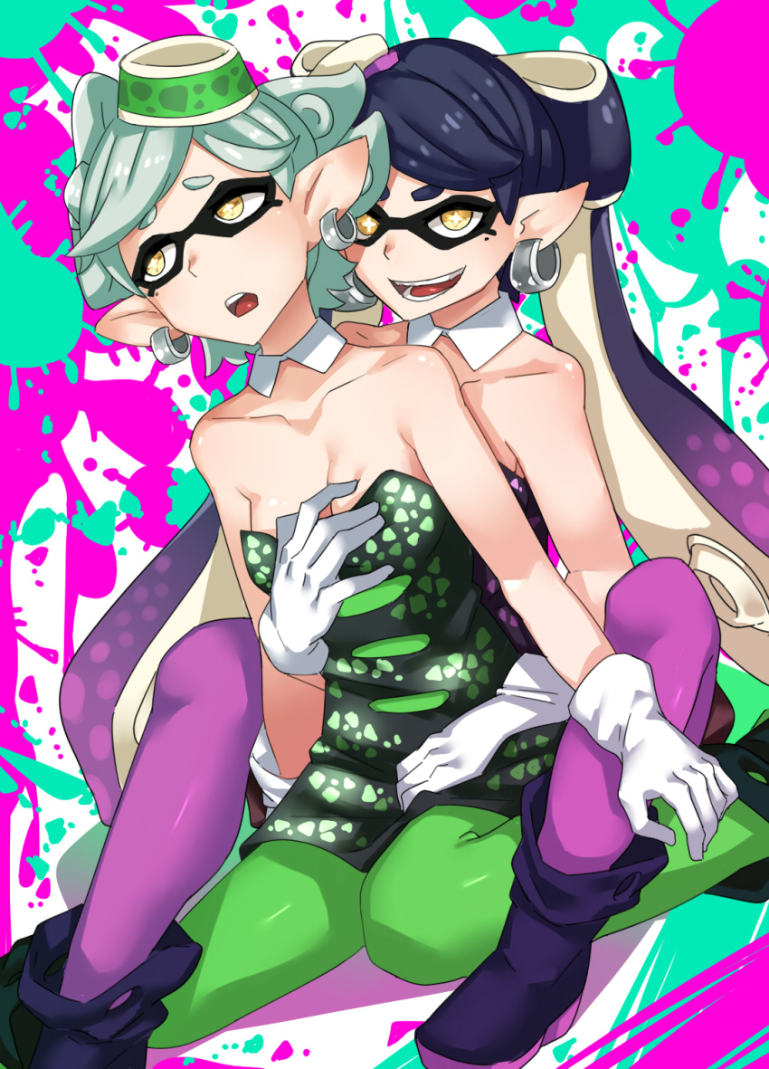 +_+, 2girls, aori_(splatoon), bare_shoulders, breasts, cleavage, collarbone, detached_collar