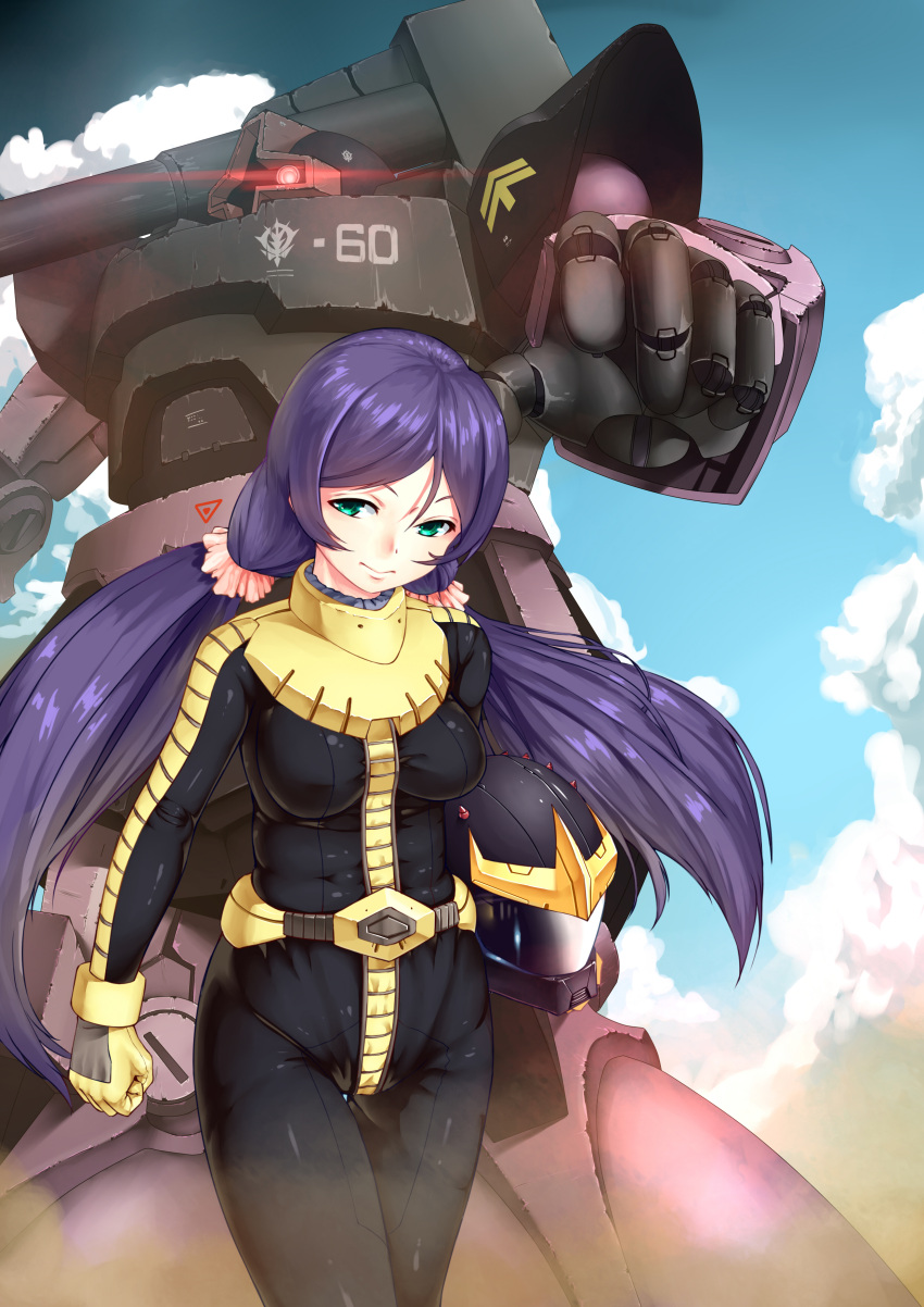 absurdres, black_tri-stars, breasts, clouds, company_connection, cru, dom, green_eyes