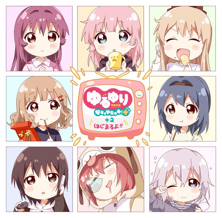 6+girls, :t, akaza_akari, blonde_hair, blue_eyes, blue_hair, bow, brown_eyes