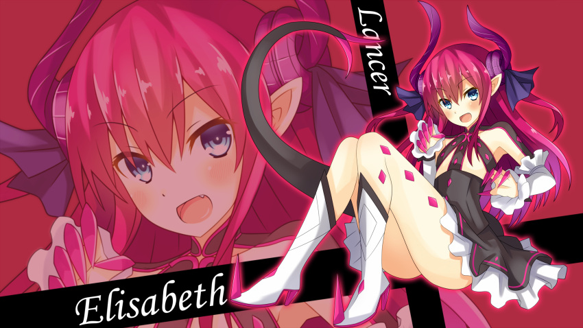 1girl, :d, asymmetrical_horns, black_dress, blue_eyes, blush, boots, character_class