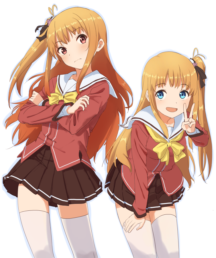 2girls, blonde_hair, blue_eyes, charlotte_(anime), crossed_arms, dual_persona, kinosaki_(cotton_broom), long_hair, multiple_girls, nishimori_misa, nishimori_yusa, red_eyes, school_uniform, siblings, side_ponytail, sisters, thigh-highs, twins, v