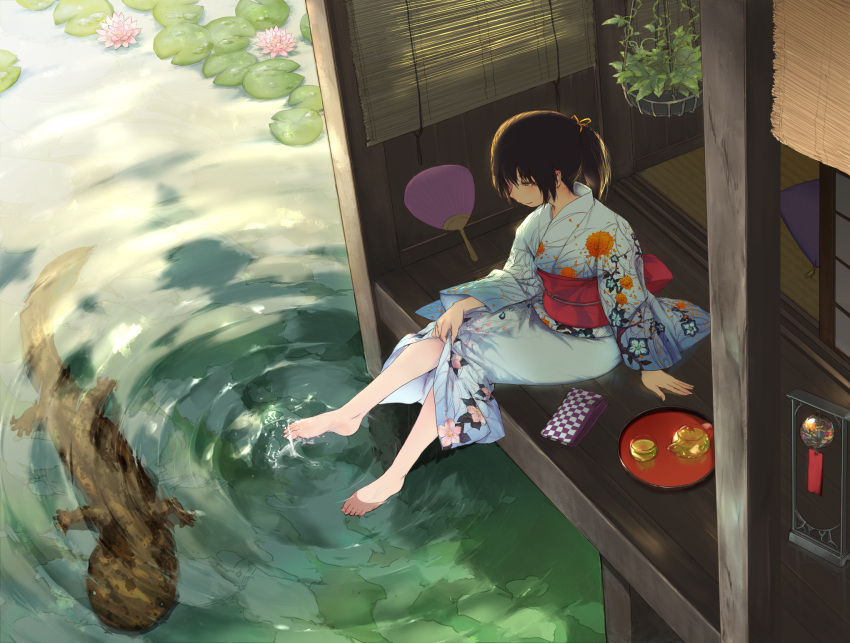 1girl, barefoot, black_hair, fan, feet_in_water, giant_salamander, green_eyes, green_tea