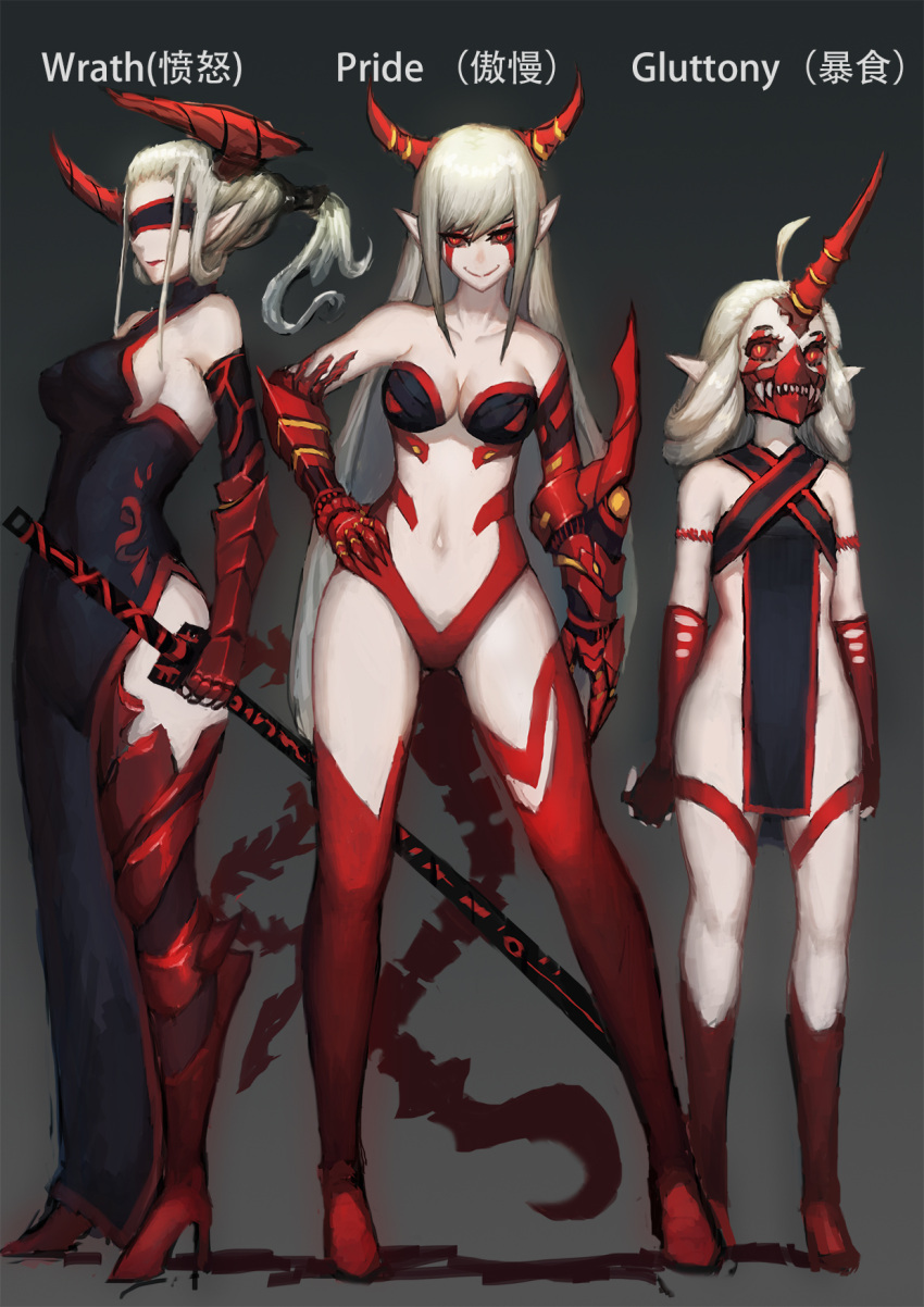 3girls, ahoge, blindfold, china_dress, chinese, chinese_clothes, comic, dragon_girl, fingerless_gloves, gauntlets, gloves, gods_(1073337800), hand_on_hip, highres, horn, horns, lipstick, long_hair, makeup, mask, multiple_girls, navel, pale_skin, pixiv_fantasia, pixiv_fantasia_t, pointy_ears, ponytail, red_eyes, red_gloves, red_legwear, red_lipstick, revealing_clothes, sheath, sheathed, slit_pupils, smile, sword, thigh-highs, very_long_hair, weapon, white_hair