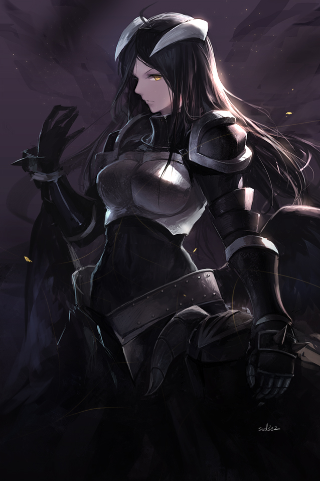 1girl, albedo, armor, black_gloves, black_hair, breastplate, demon_girl, demon_horns