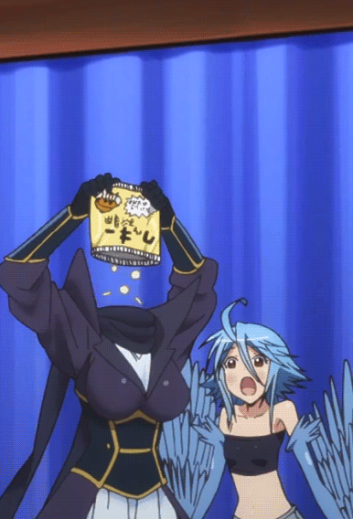 2girls, ahoge, animated, animated_gif, bandeau, blue_hair, blue_wings, breasts, brown_eyes, chips, coat, cropped, dullahan, eating, feathered_wings, gauntlets, harpy, headless, lala_(monster_musume), looping, monster_girl, monster_musume_no_iru_nichijou, multiple_girls, open_mouth, papi_(monster_musume), scarf, screencap, small_breasts, upper_body, wings