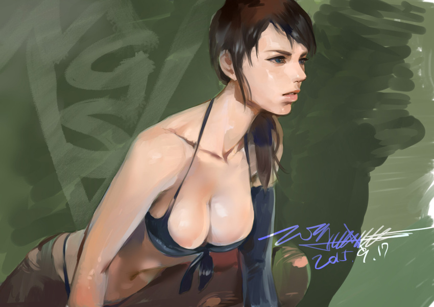 1girl, amatiz, bikini, black_gloves, black_hair, breasts, cleavage, collarbone