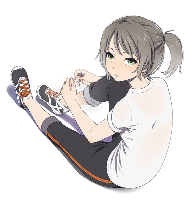 1girl, green_eyes, mattaku_mousuke, original, pants, ponytail, shoes, silver_hair