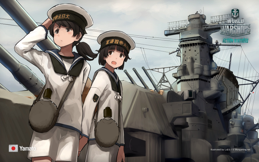 2girls, :d, battleship, black_hair, brown_eyes, hat, highres, long_hair