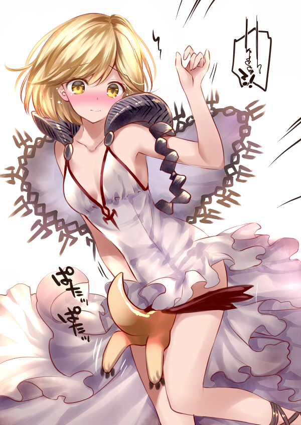 1girl, anira_(granblue_fantasy)_(cosplay), assassin_(granblue_fantasy), between_legs, blonde_hair, blush, breasts, cleavage