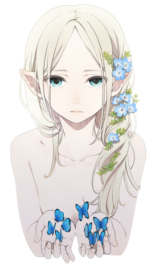 1girl, blonde_hair, blue_eyes, butterfly, collarbone, cupping_hands, elf, flower