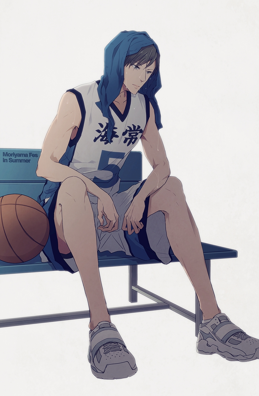 artist_request, ball, basketball, basketball_uniform, bench, bent_knees, black_hair, english