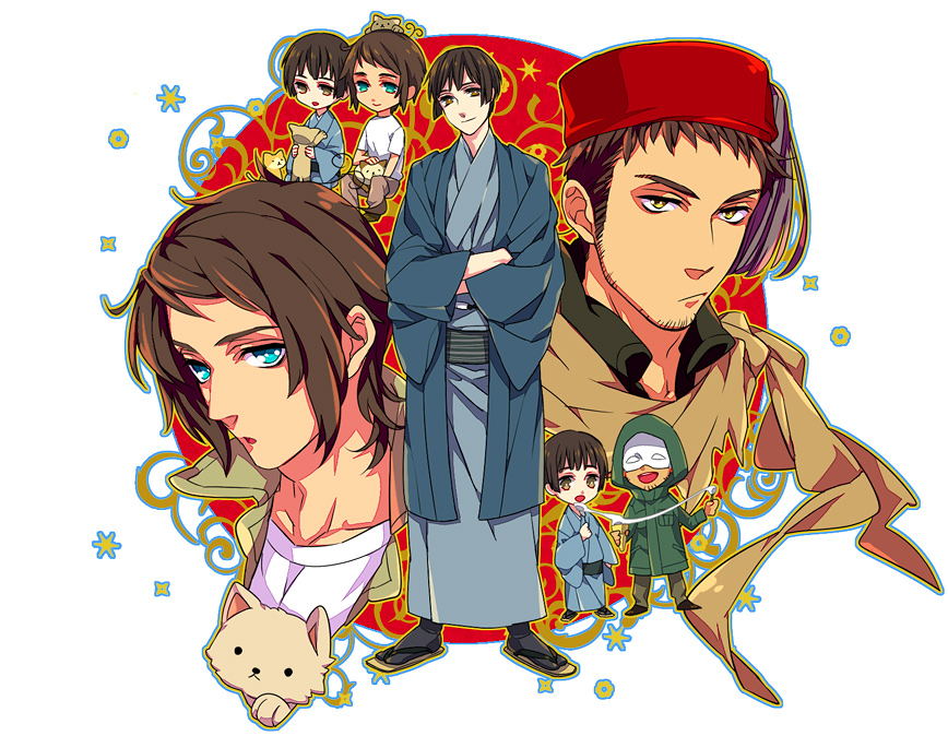 blue_eyes, brown_eyes, brown_hair, cat, chibi, dog, facial_hair, fez_hat, greece_(hetalia), hat, hood, japan_(hetalia), japanese_clothes, litha, male, mask, scarf, short_hair, sideburns, stubble, turkey_(hetalia)