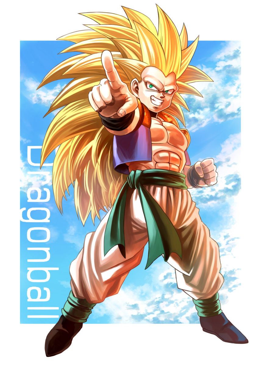 1boy, abs, blonde_hair, copyright_name, dragon_ball, dragon_ball_z, full_body, gotenks