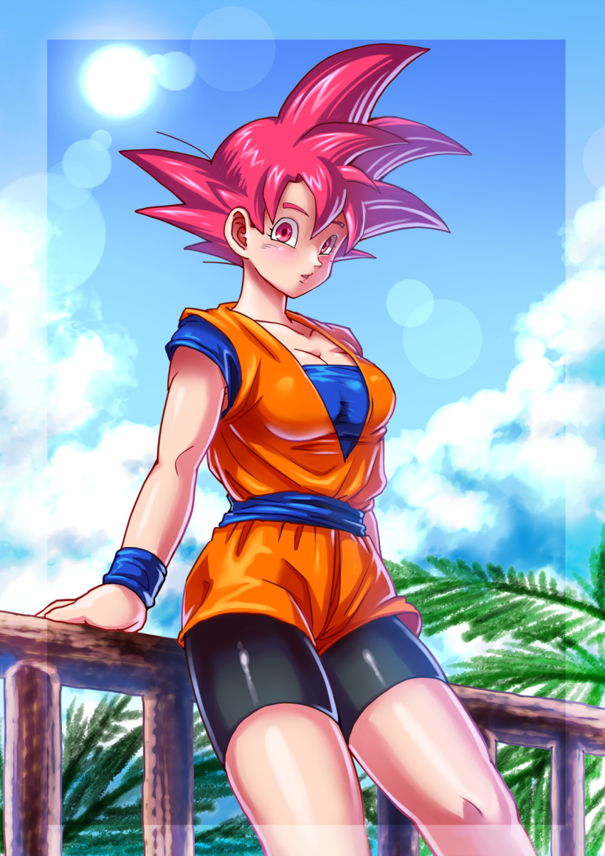 1girl, bike_shorts, blue_sky, border, breasts, cleavage, clouds, dragon_ball