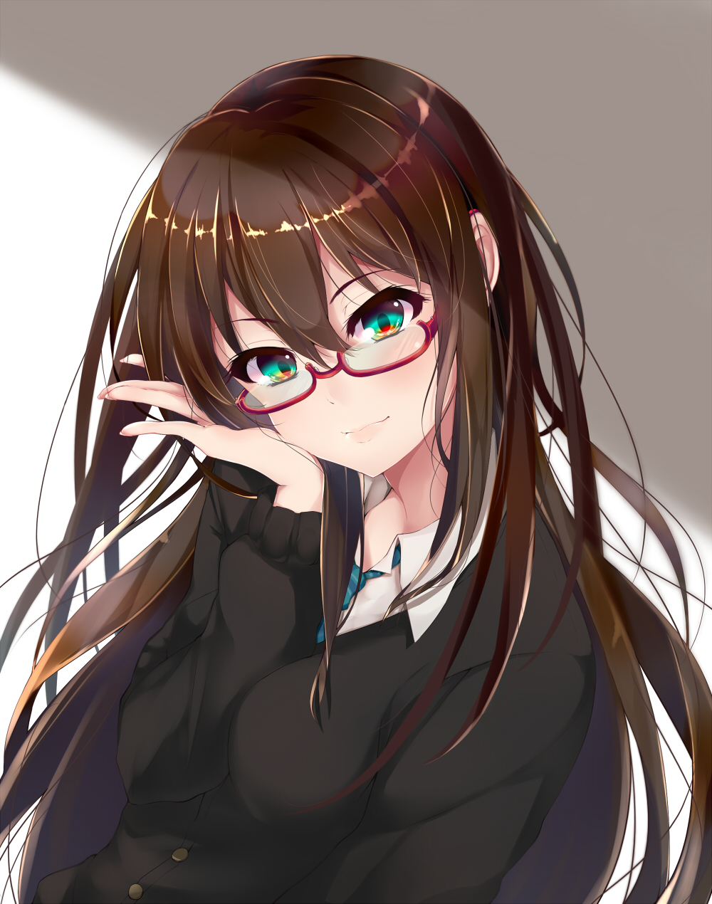 1girl, bespectacled, brown_hair, cardigan, glasses, green_eyes, highres, idolmaster