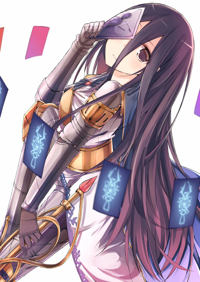 1girl, armor, black_hair, brown_eyes, card, dress, granblue_fantasy, long_hair