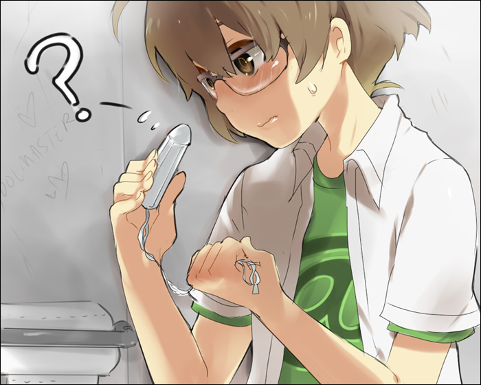 akizuki_ryou, androgynous, brown_hair, glasses, idolmaster, kl, male, tampon