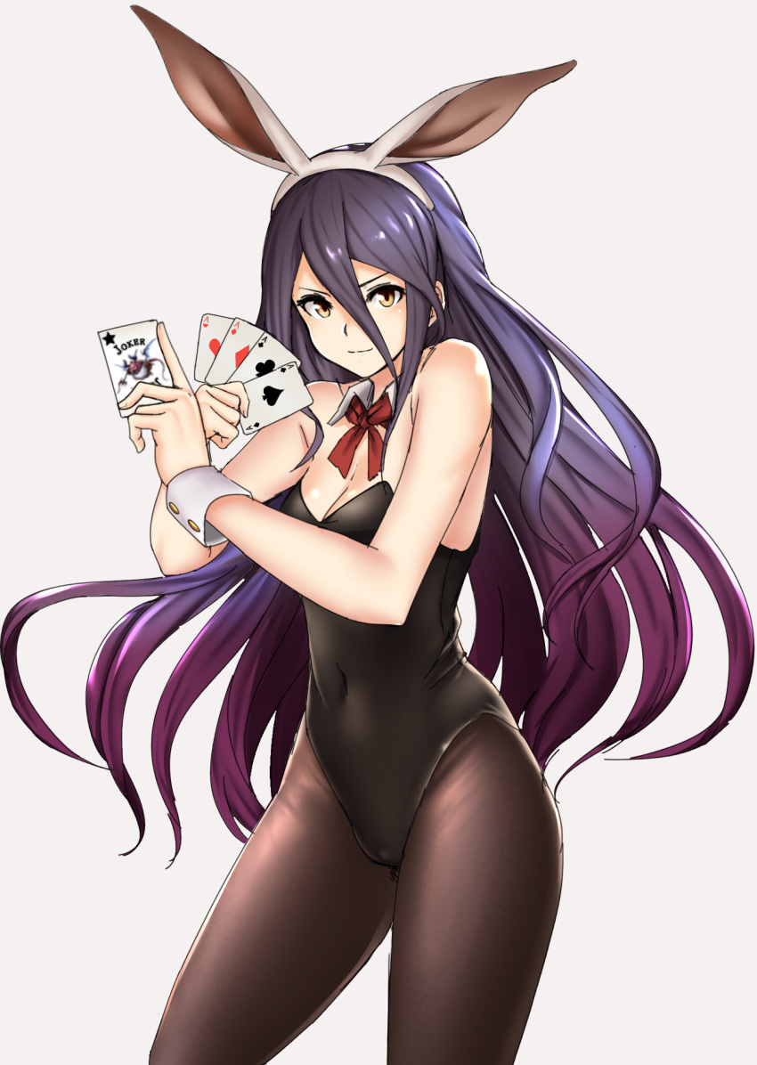 1girl, ace, animal_ears, bare_shoulders, black_hair, bunnysuit, card, covered_navel