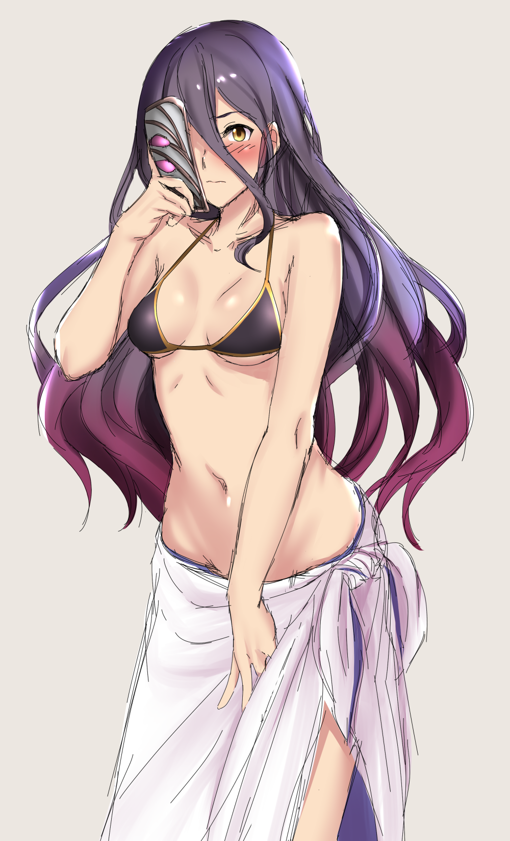 1girl, bikini_top, blush, breasts, clothes_around_waist, gradient_hair, granblue_fantasy, hair_between_eyes