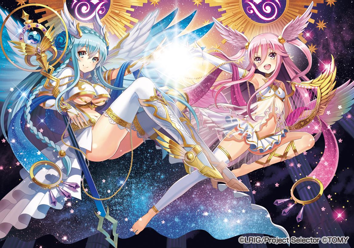2girls, :d, armpits, bare_shoulders, blue_eyes, blue_hair, braid, breasts