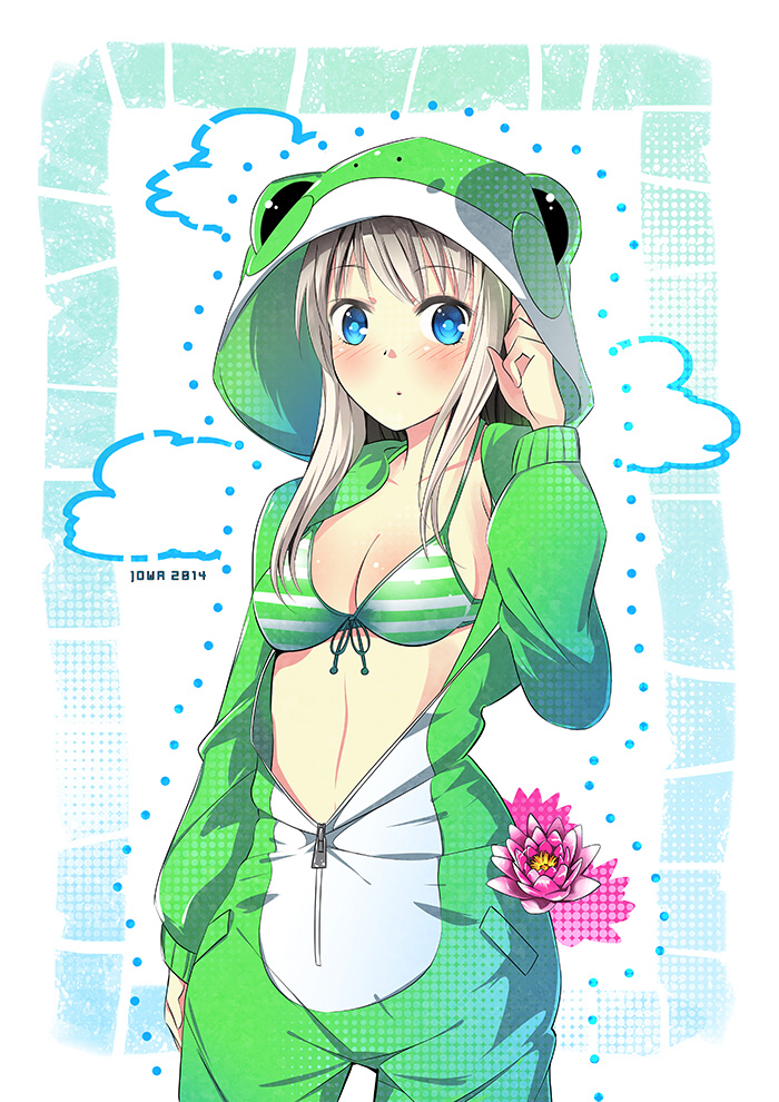 1girl, animal_costume, arm_at_side, bangs, bikini, bikini_top, bikini_under_clothes, blue_eyes