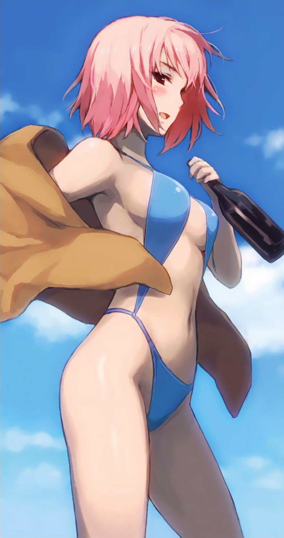 1girl, alcohol, bikini, blue_bikini, blue_sky, blush, breasts, cleavage, contrapposto, highres, jacket, morisawa_haruyuki, navel, off_shoulder, open_mouth, outdoors, pink_hair, red_eyes, scan, short_hair, sideboob, sky, sling_bikini, solo, swimsuit, to_aru_hikuushi_e_no_seiyaku
