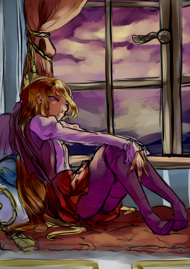 1girl, bat_wings, bell_sleeves, bow, clouds, cloudy_sky, curtains, cushion