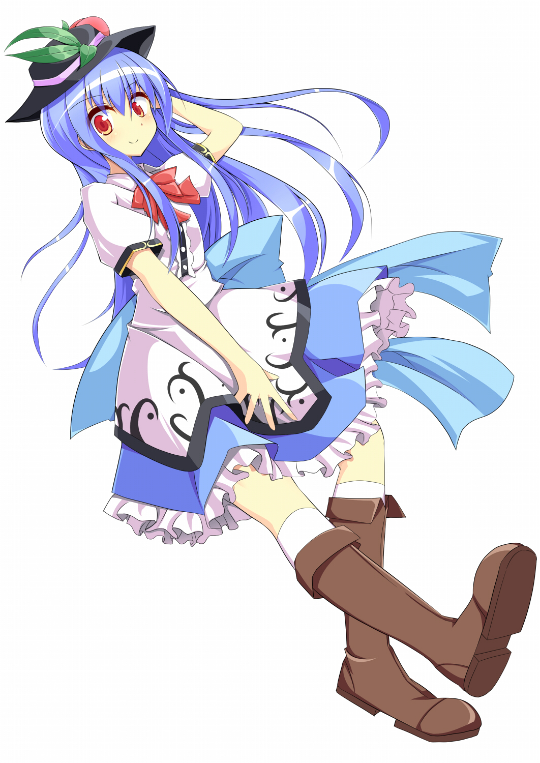 1girl, blue_hair, blush, boots, dress, dress_shirt, food, food_on_head